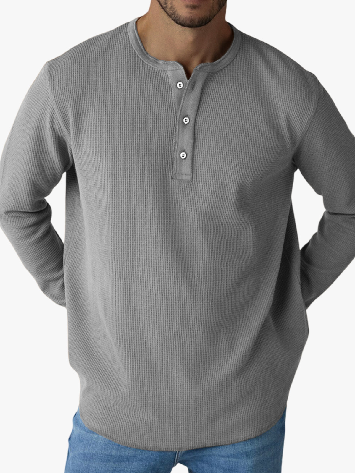 Men's Waffle Casual Button-Down Henley Top