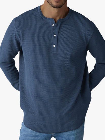 Men's Waffle Casual Button-Down Henley Top