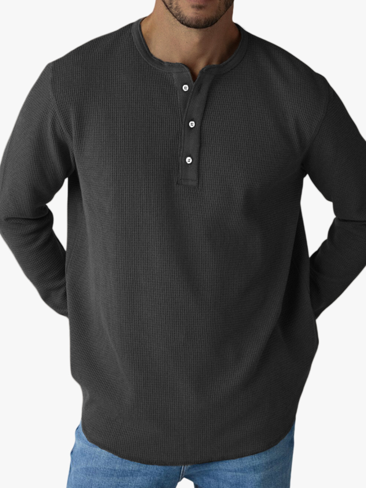 Men's Waffle Casual Button-Down Henley Top