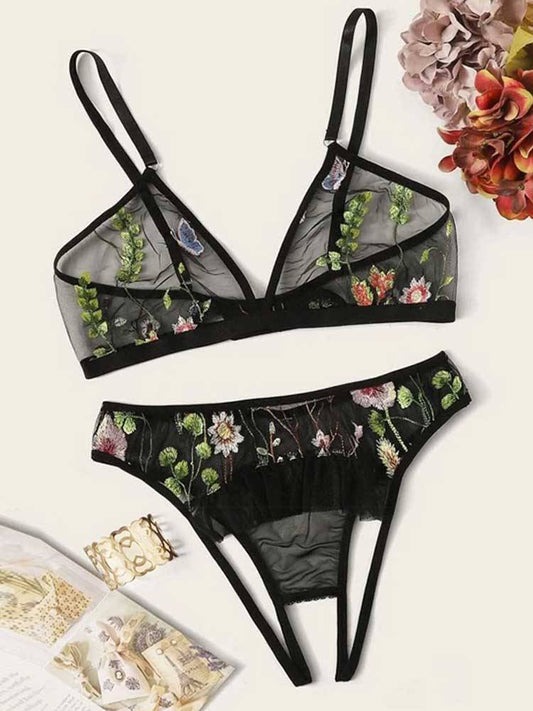 Embroidered Mesh Crotchless Lingerie Set