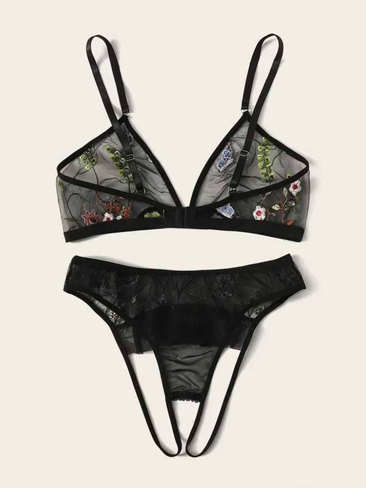 Embroidered Mesh Crotchless Lingerie Set