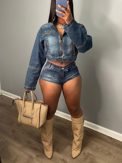 Denim Crop Jacket & Shorts Set