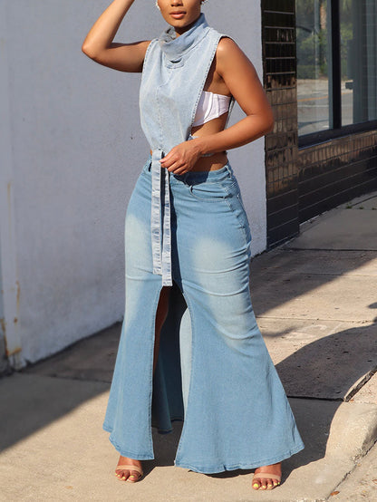 Front Slit Denim Skirt