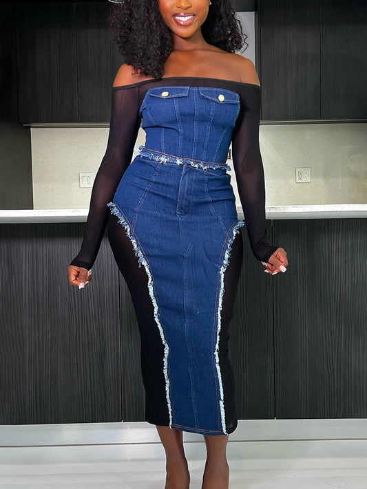 Women's Denim Mesh Skirt Set