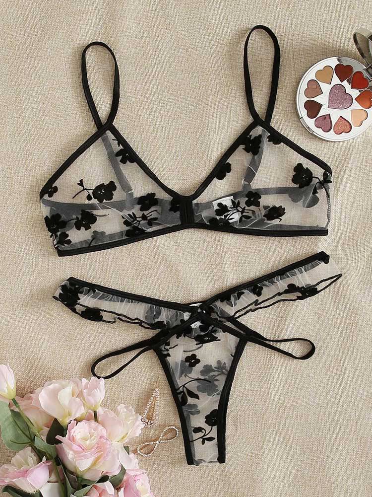 Floral Sheer Mesh Thong Lingerie Set