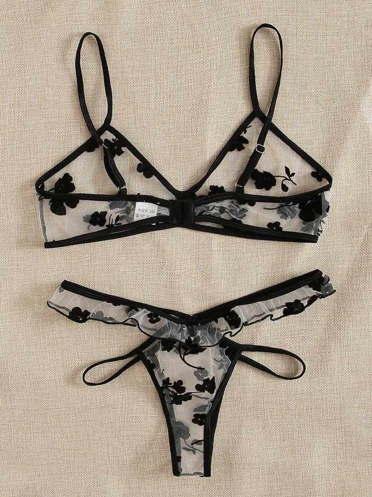 Floral Sheer Mesh Thong Lingerie Set