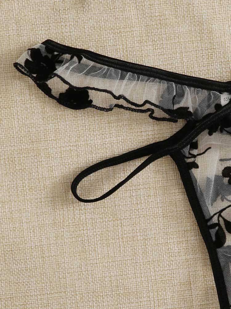 Floral Sheer Mesh Thong Lingerie Set