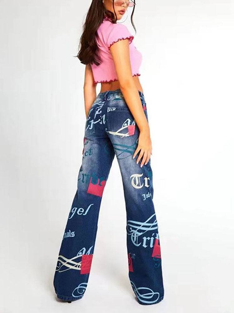 Graffiti Printed Wide Leg Jeans