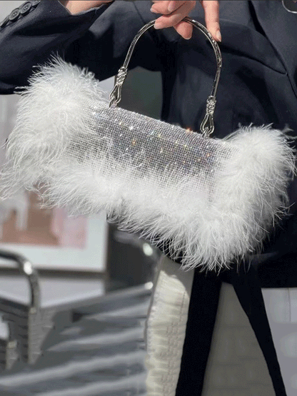 Women's Furry Rhinestone Evening Clutch Bag