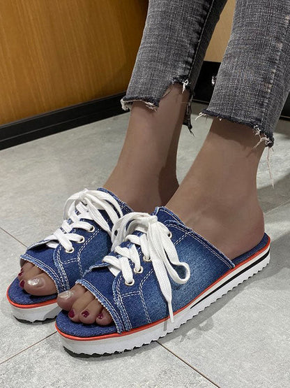 Lace Up Denim Flat Slippers