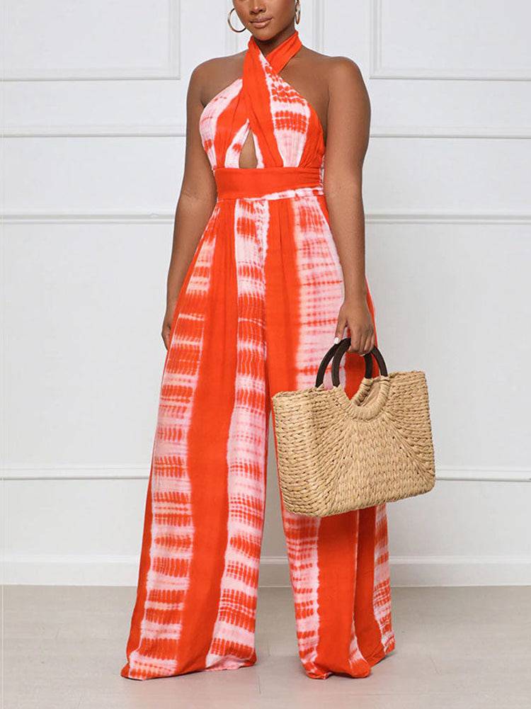 Halter Backless Printed Wide Leg Jumpsuit