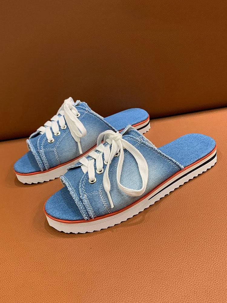 Lace Up Denim Flat Slippers