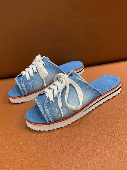 Lace Up Denim Flat Slippers