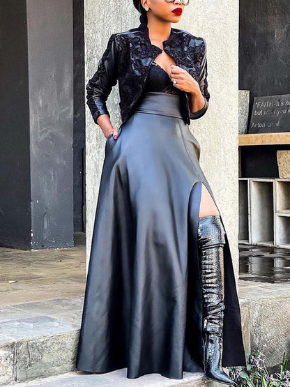 Vintage Leather Side Split Maxi Skirt