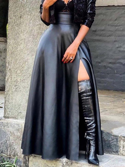 Vintage Leather Side Split Maxi Skirt