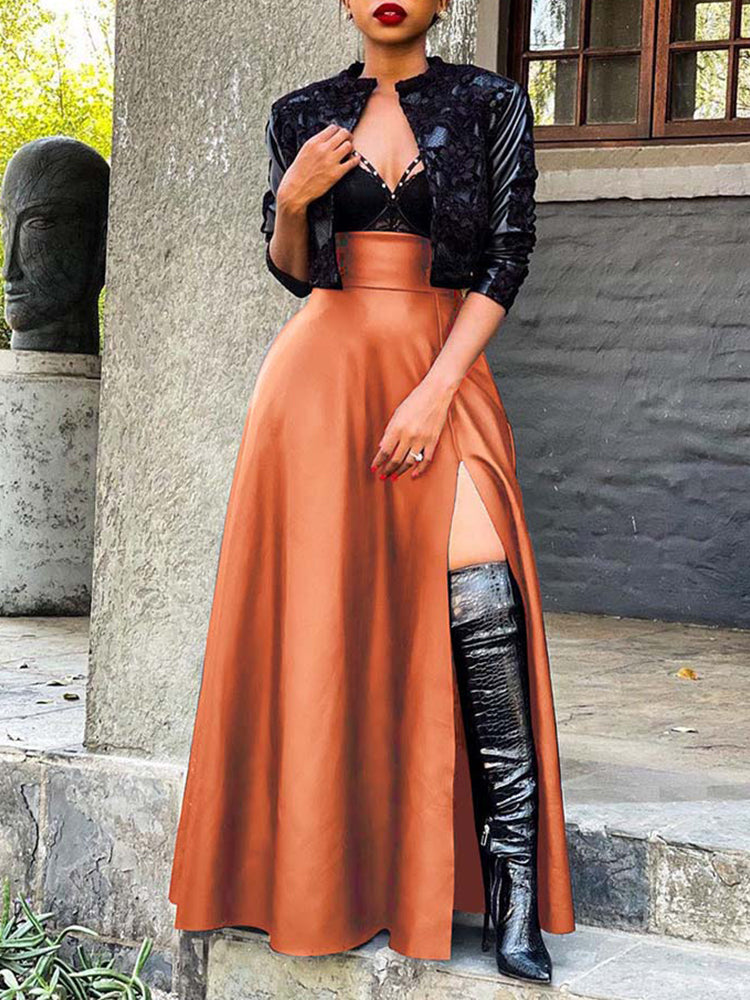 Vintage Leather Side Split Maxi Skirt