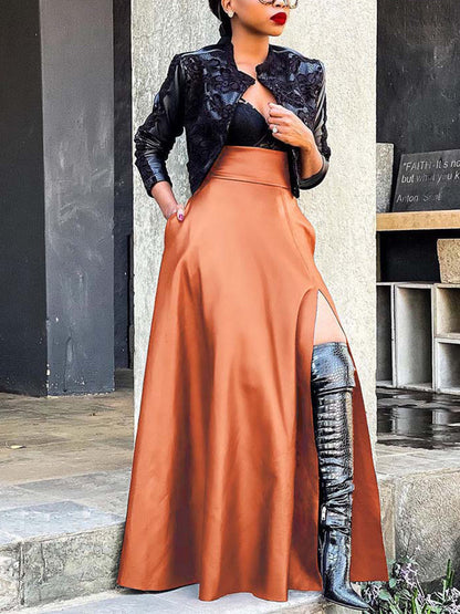 Vintage Leather Side Split Maxi Skirt