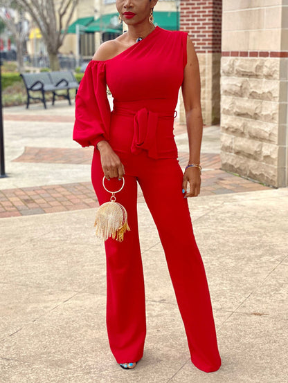 One Shoulder Belted Jumpsuit