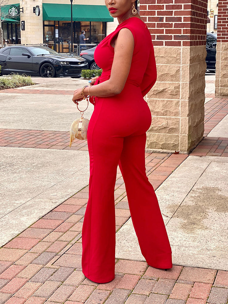 One Shoulder Belted Jumpsuit