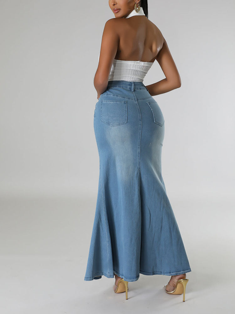 Front Slit Denim Skirt