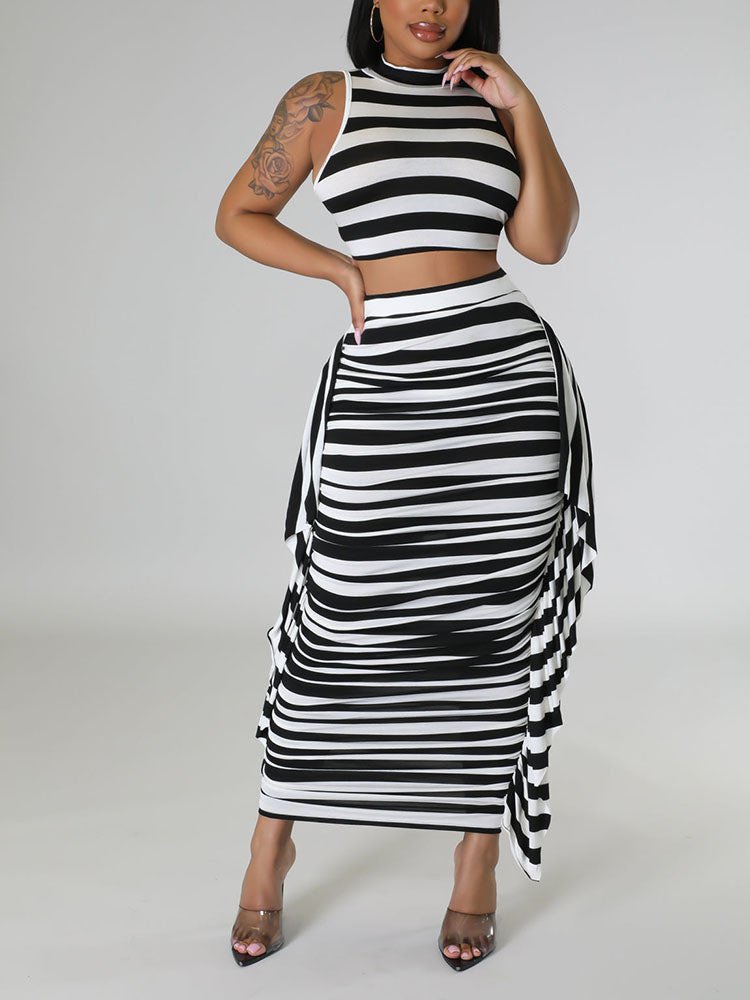 Striped Crop Top Maxi Skirt Set