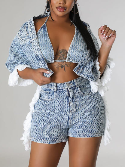 3pc Denim Tassel Short Set