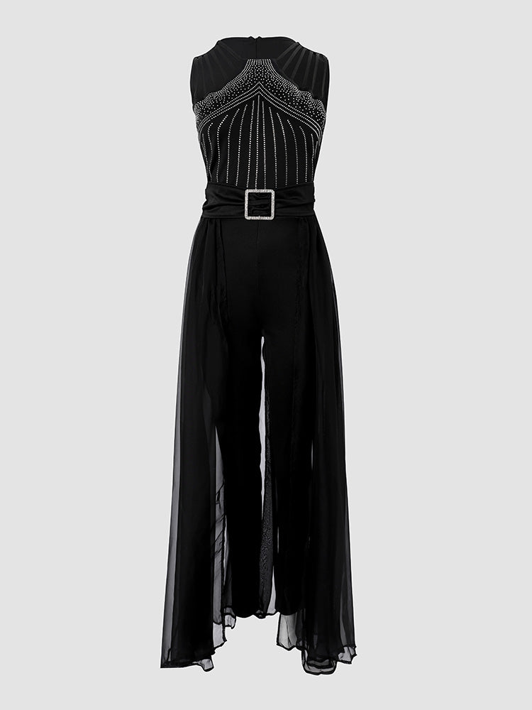 Women's Rhinestone Mesh Sleeveless Jumpsuit