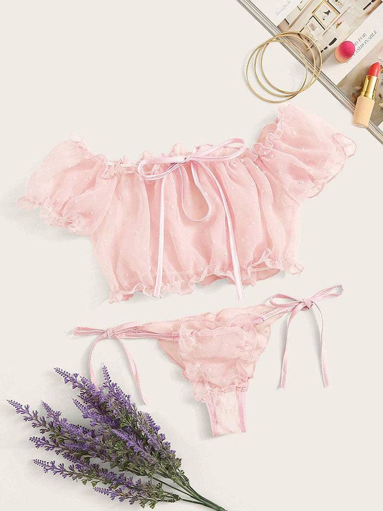 Lettuce Trim Dobby Mesh Tie Side Lingerie Set