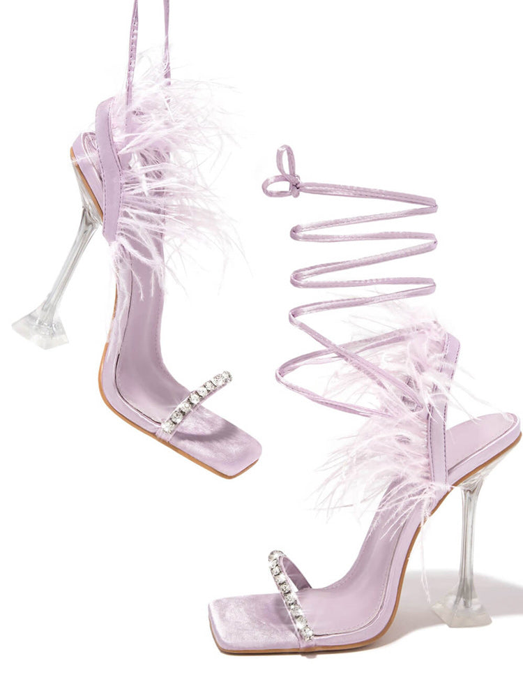 Rhinestone Feather Square Toe Sandals