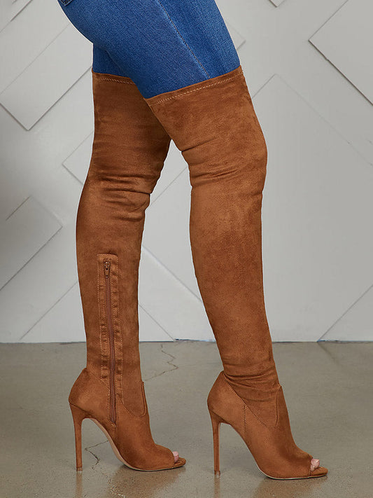 Peep Toe Suede Over Knee Boots