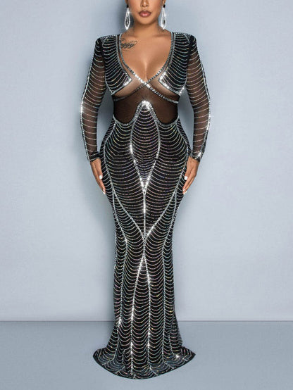 Women's Mesh Rhinestones Sheer Maxi Dress