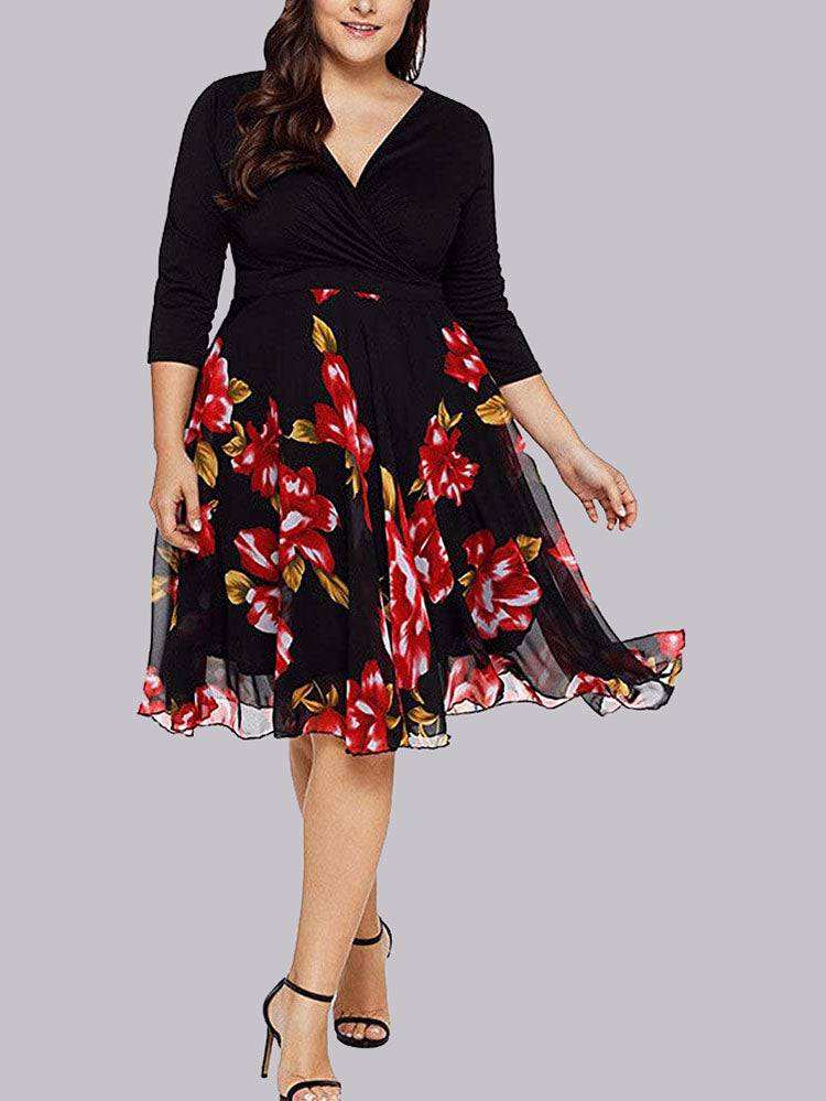 Women's Rose Floral Print Surplice Dress