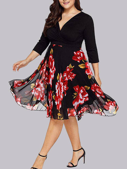 Women's Rose Floral Print Surplice Dress