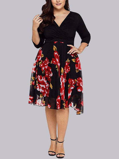 Women's Rose Floral Print Surplice Dress