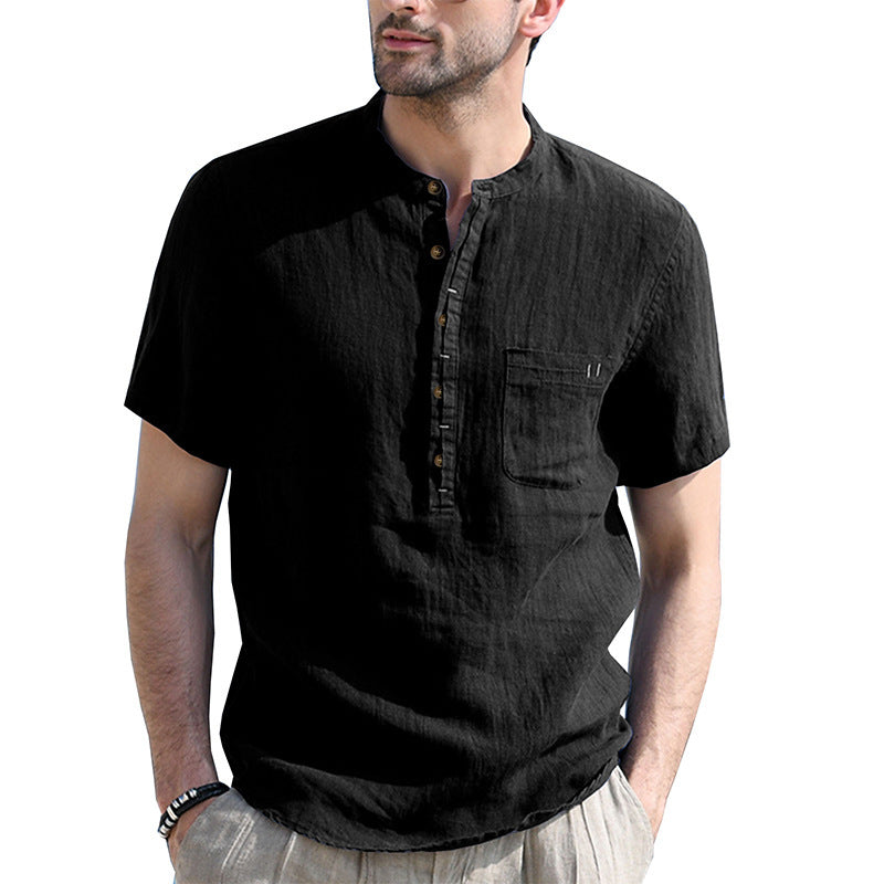 Men's Henley Collar Cotton Short Sleeve