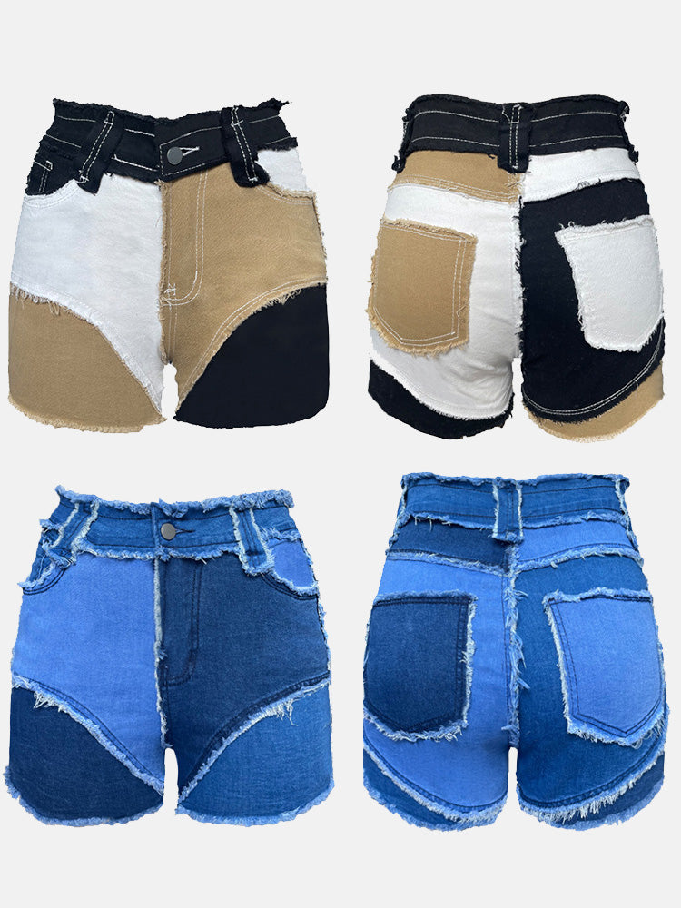 Colorblock Raw Hem Denim Shorts