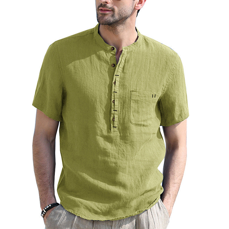 Men's Henley Collar Cotton Short Sleeve