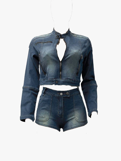 Denim Crop Jacket & Shorts Set