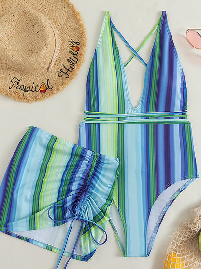 Striped Lace Up One Piece Swimsuit