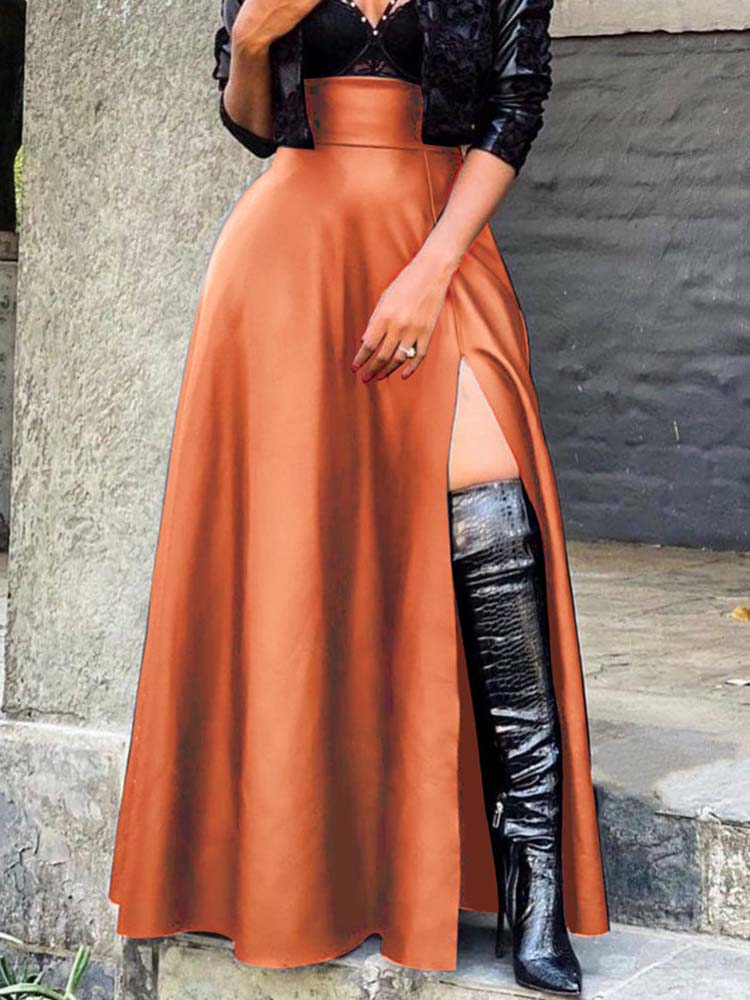 Vintage Leather Side Split Maxi Skirt