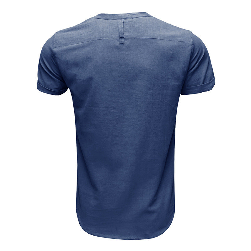 Men's Henley Collar Cotton Short Sleeve