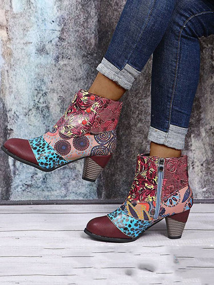 Leather Bohemian Stitching High Heel Shoes