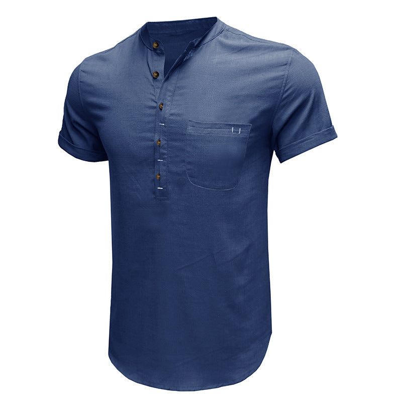 Men's Henley Collar Cotton Short Sleeve