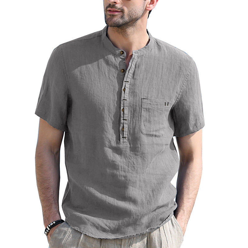 Men's Henley Collar Cotton Short Sleeve