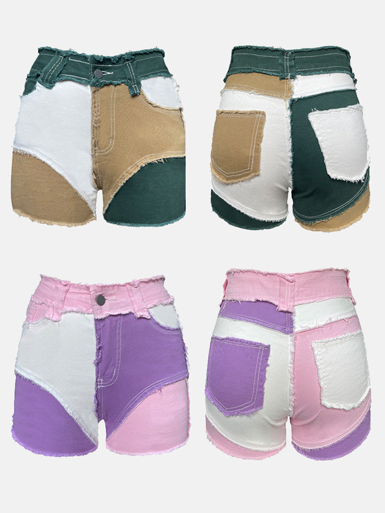 Colorblock Raw Hem Denim Shorts