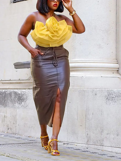 PU Leather Lace-Up Slit Skirt