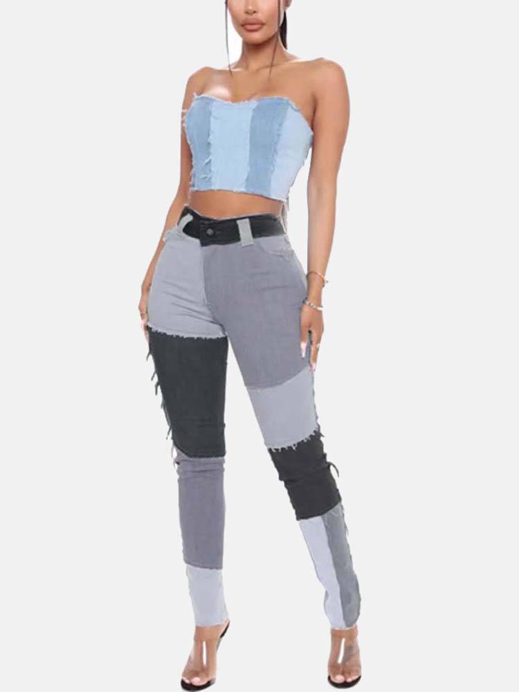 Patchwork High Waist Jeans