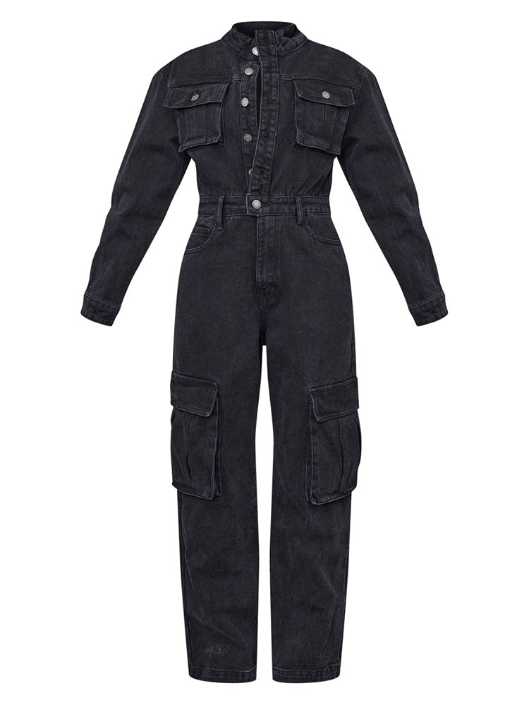 Denim Cargo Wide Leg Jumpsuit