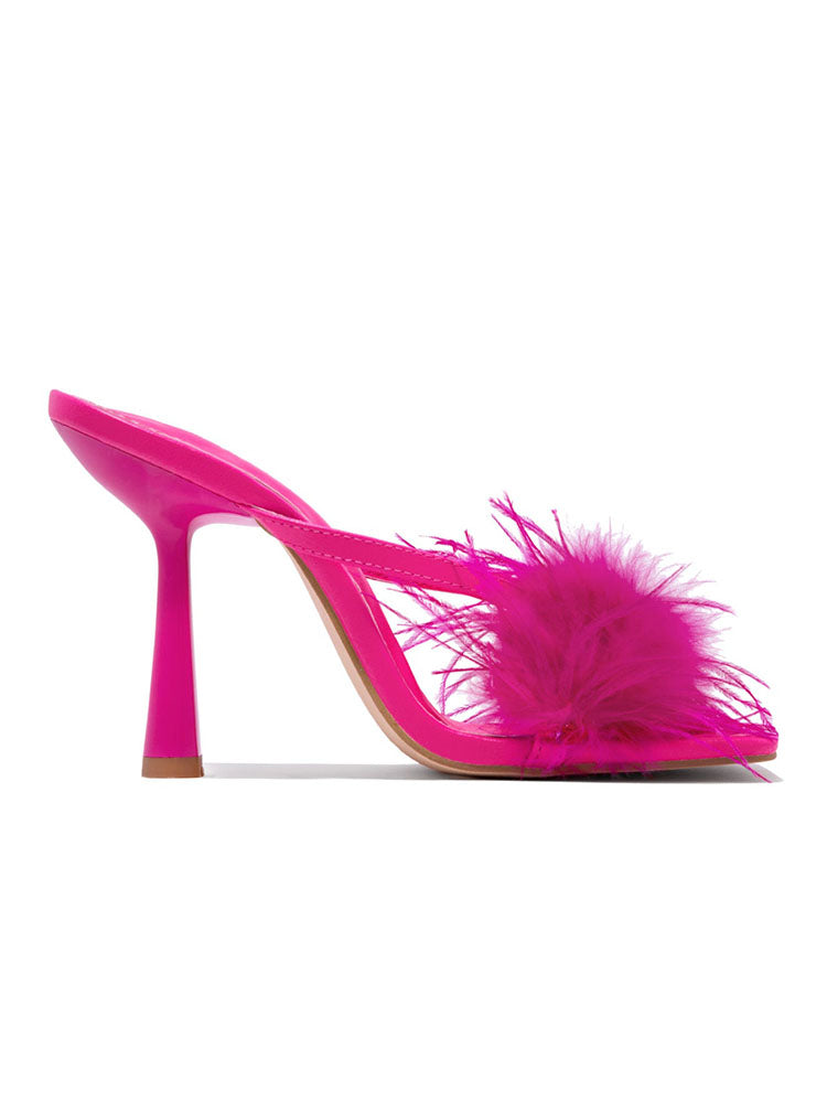 Feather Fur High Heel Mules