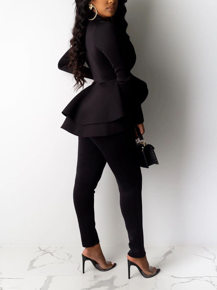 Solid Ruffle Blazer Pants Set